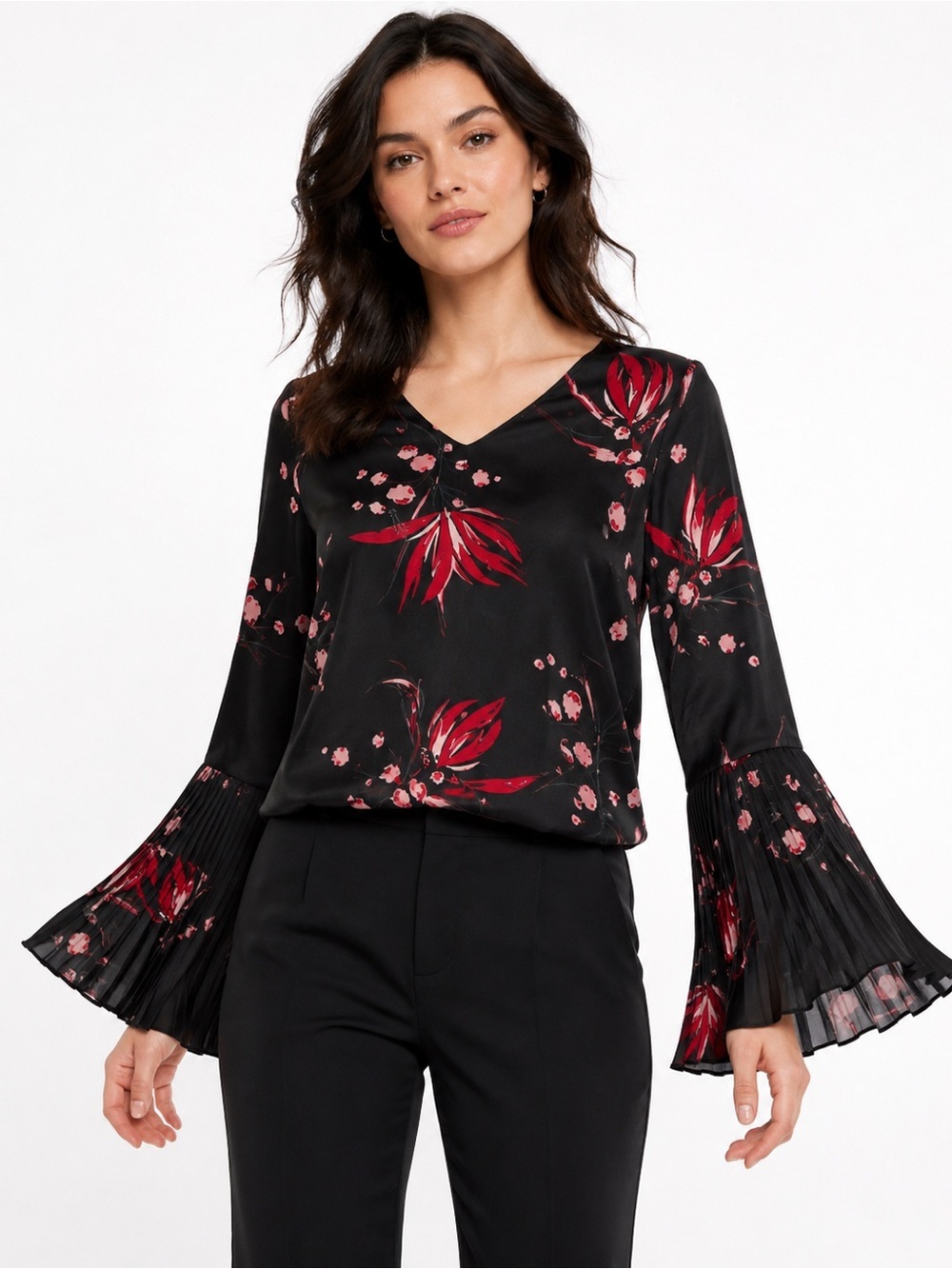Dark Feminine Romantic Floral Blouse Pleated Bell Sleeves Dinner Date Top